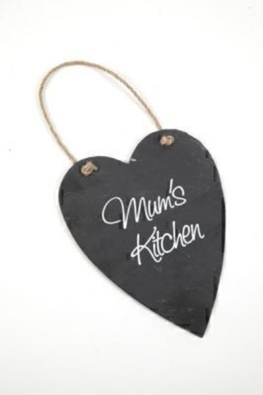 Mums Kitchen Slate Heart Sign by Heaven Sends. Heart shaped slate with rope hanger with 'Mums Kitchen' Size 19x15cm